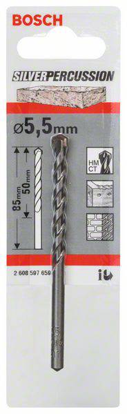 'Bosch Silver Percussion 5,5 mm' : Foret pour béton, pierre et brique d'une longueur de 85 mm. L'emballage présente les applications et les caractéristiques.