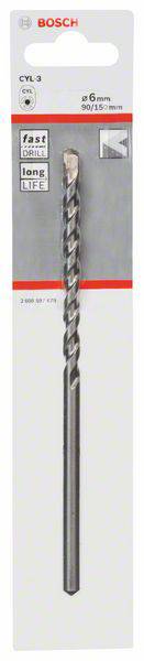 Foret Bosch, diamètre 6 mm, adapté pour béton et pierre, emballé sur carte. Longueur 90/150 mm, durable et à perçage rapide.