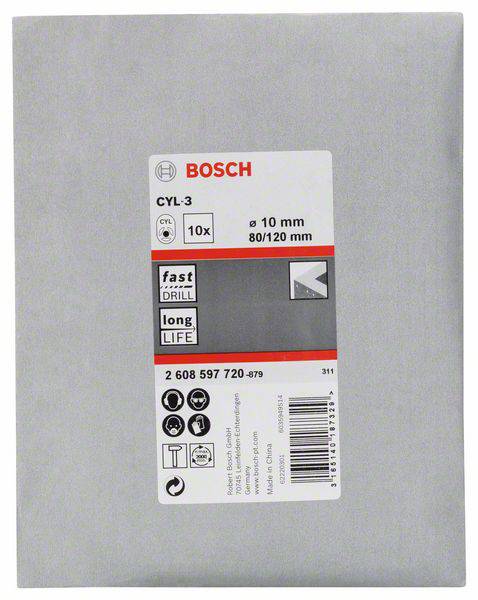 Coffret de forets 'BOSCH CYL-3' comprenant 10 forets à triple tranchant, diamètre Ø 10 mm, adaptés au béton et à la maçonnerie. L'emballage présente le logo de la marque et un code-barres.