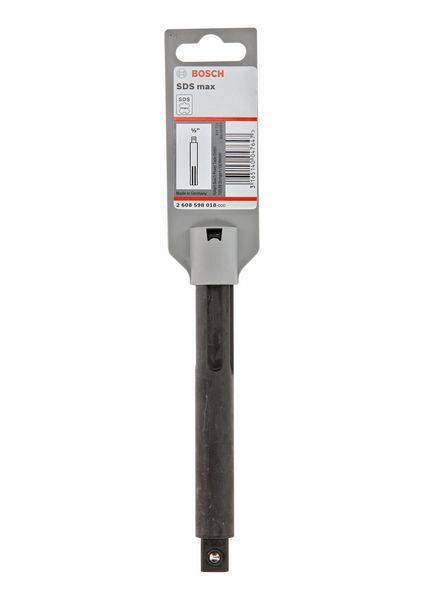 Burin SDS-max de BOSCH en emballage gris, adapté aux outils électriques, avec informations produit sur l'étiquette.