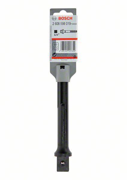 Foret Bosch : Rallonge avec étiquette, numéro de produit 2 608 598 019-000, taille 3/4", code-barres en dessous, adaptateur gris.