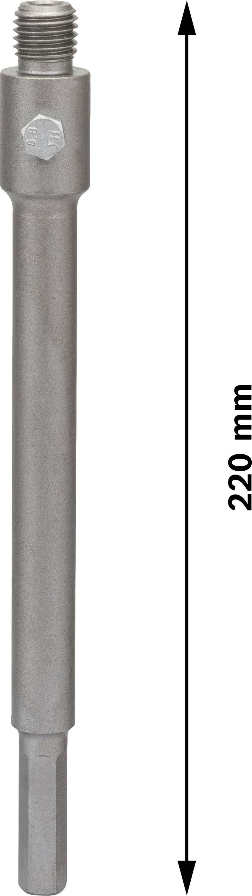Tige métallique avec filetage vissé en haut et extrémité hexagonale en bas, longueur 220 mm.