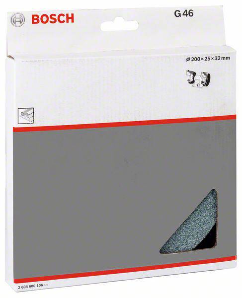 Un emballage de disques de ponçage Bosch, modèle G46, dimensions 200x25x32 mm, avec un symbole graphique d'une machine à meuler en haut à droite.
