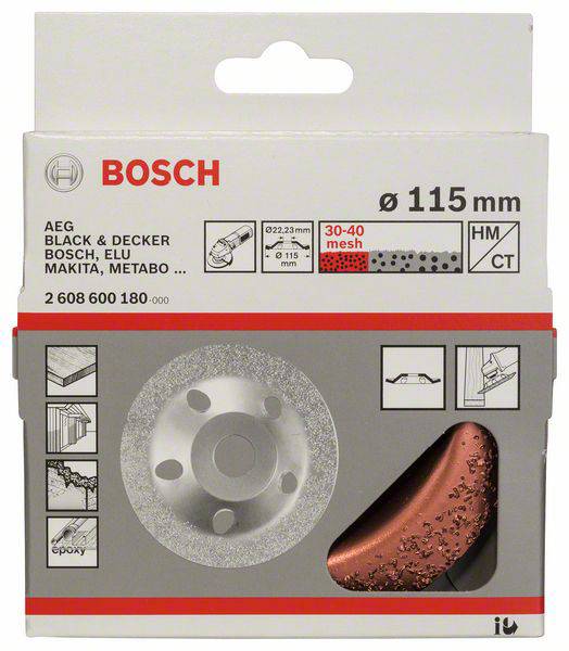 Un emballage de Bosch contenant un outil de ponçage compatible avec des appareils de marques telles que AEG et Black & Decker. Adapté pour le bois et l'époxy.