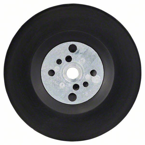Une roue noire avec un centre métallique et cinq trous, probablement un disque de meulage ou une pièce de rechange pour tondeuse à gazon.