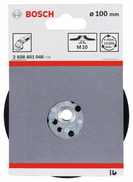 Emballage d'un plateau de ponçage Bosch de 100 mm de diamètre avec filetage M10, vitesse maximale de 15 300 tr/min, représentation d'une meuleuse d'angle.