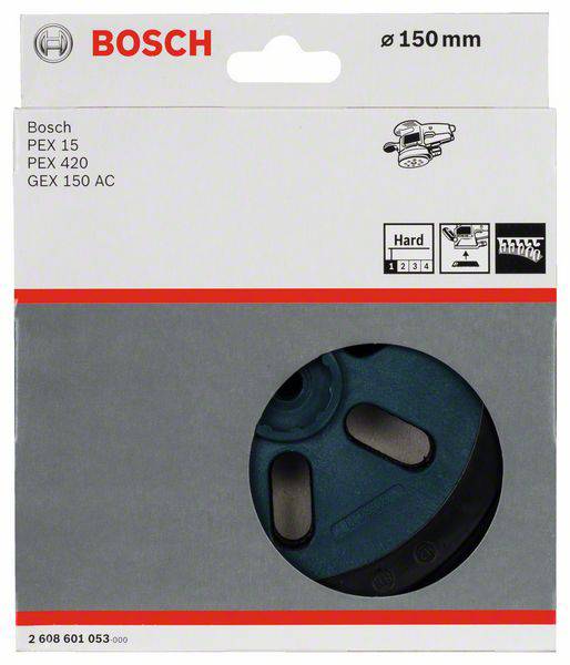 Emballage d'un disque à poncer Bosch 'Hard' de 150 mm de diamètre, adapté aux modèles PEX 15, PEX 420 et GEX 150 AC.