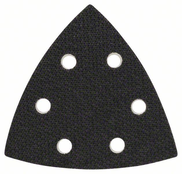 Papier de verre noir, triangulaire, avec six trous. Adapté aux ponceuses multifonctions pour obtenir un résultat de ponçage uniforme.