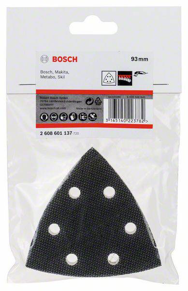 Papier abrasif 'Bosch' pour ponceuse triangulaire, 93 mm, compatible avec Bosch, Makita, Metabo, Skil. L'emballage présente la forme du papier abrasif avec des trous.