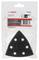 Papier abrasif 'Bosch' pour ponceuse triangulaire, 93 mm, compatible avec Bosch, Makita, Metabo, Skil. L'emballage présente la forme du papier abrasif avec des trous.