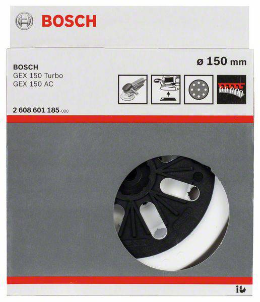 'Disque de ponçage Bosch, diamètre de 150 mm. Compatible avec GEX 150 Turbo et GEX 150 AC. L'illustration montre les méthodes de fixation.'