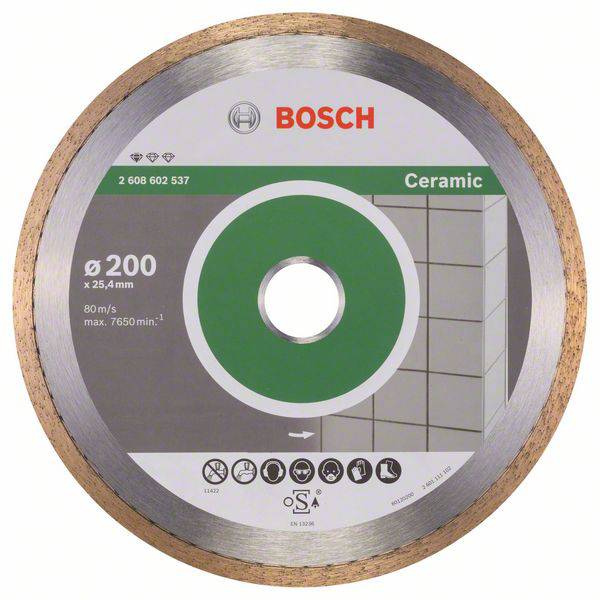 Disque de coupe diamanté Bosch pour céramique, ø 200 x 25,4 mm, vitesse de rotation maximale 7650 tr/min, 80 m/s. Contient des symboles d'avertissement de sécurité.