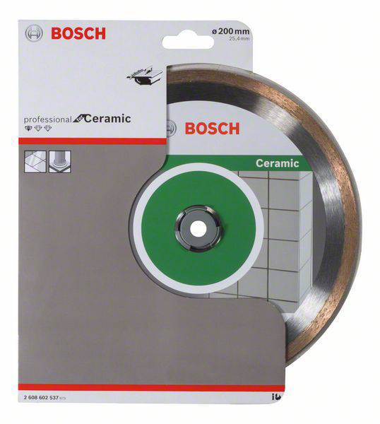 Un ensemble de disques de coupe en céramique Bosch dans un emballage gris, avec les domaines d'application pour les matériaux céramiques mis en évidence.