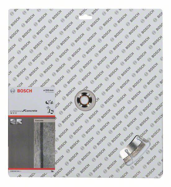 Un disque de coupe diamanté Bosch pour béton est présenté dans un emballage transparent portant le logo de la marque et les spécifications du produit.