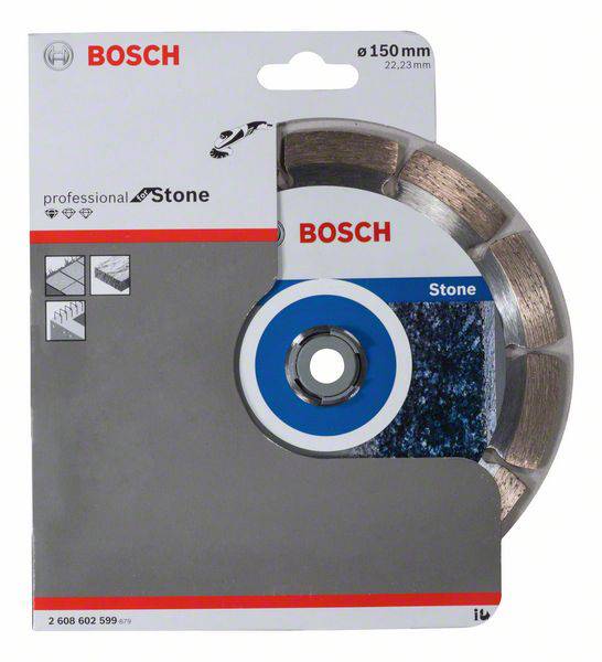 Une disque de coupe diamantée Bosch pour pierre, diamètre 150 mm. L'emballage présente des images d'application et des détails techniques.