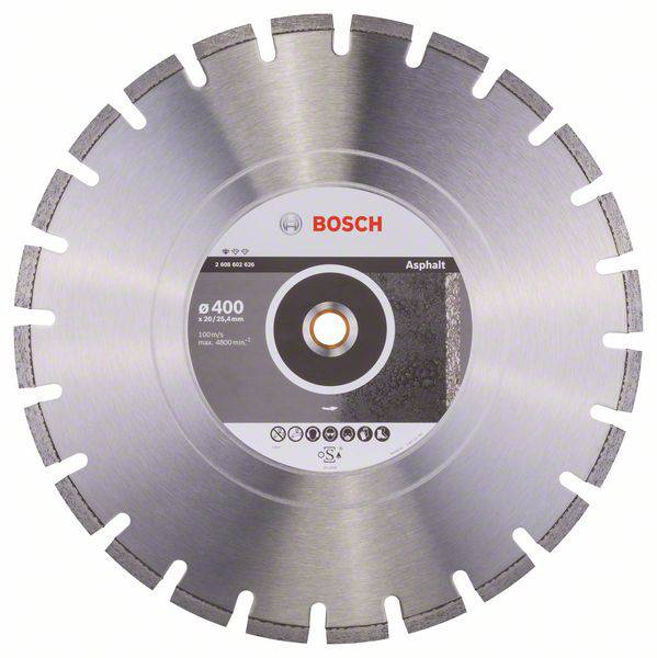 Disque de coupe diamanté Bosch pour asphalte, diamètre de 400 mm, adapté pour une puissance de 5,5 kW, vitesse maximale de 5100 tr/min.