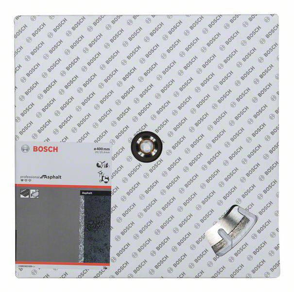Lame de scie circulaire Bosch, adaptée à l'asphalte, diamètre 400 mm. L'emballage présente l'image du produit et les logos.
