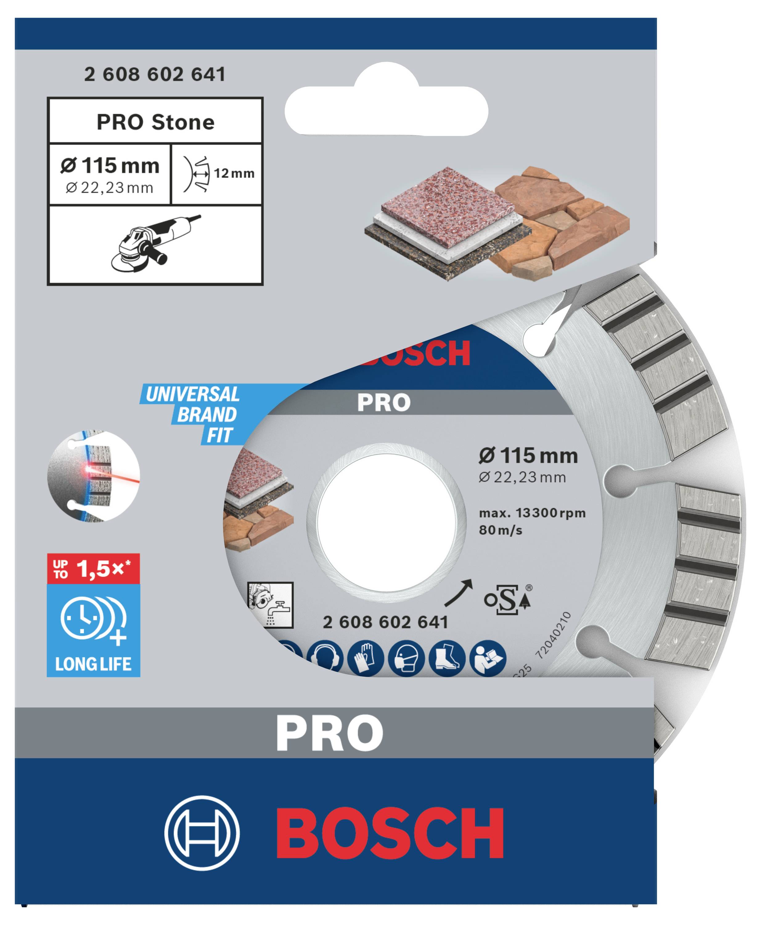 Emballage d'un disque de tronçonnage Bosch 'PRO Stone'. Diamètre 115 mm. Adapté pour la pierre. Longue durée de vie et compatibilité universelle.