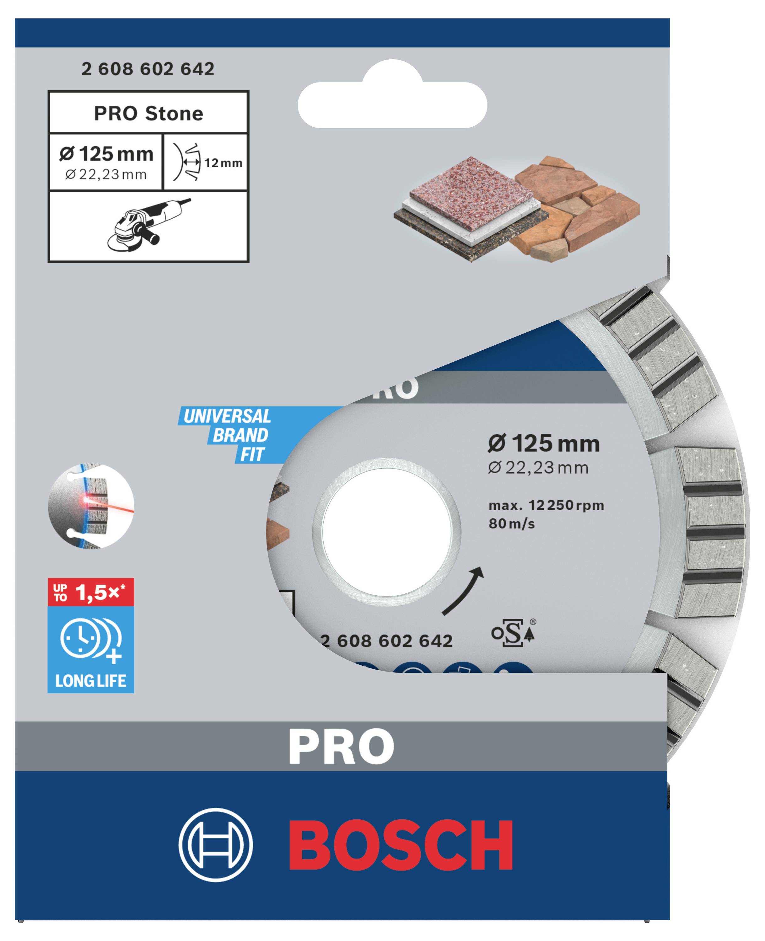 Disque diamant Bosch PRO Stone, diamètre 125 mm. Adapté pour le travail de la pierre et du béton. Le design de l'emballage présente les possibilités d'application.