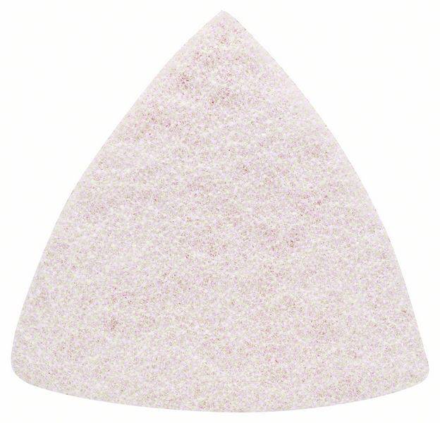 'Disque abrasif triangulaire blanc à grain fin, adapté pour des travaux de meulage précis.'