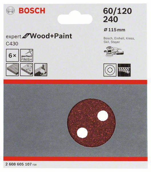 Papier de verre de la marque BOSCH, adapté pour le bois et la peinture. Taille : 115 mm, grain : 60/120, 6 pièces par paquet, modèle C430.