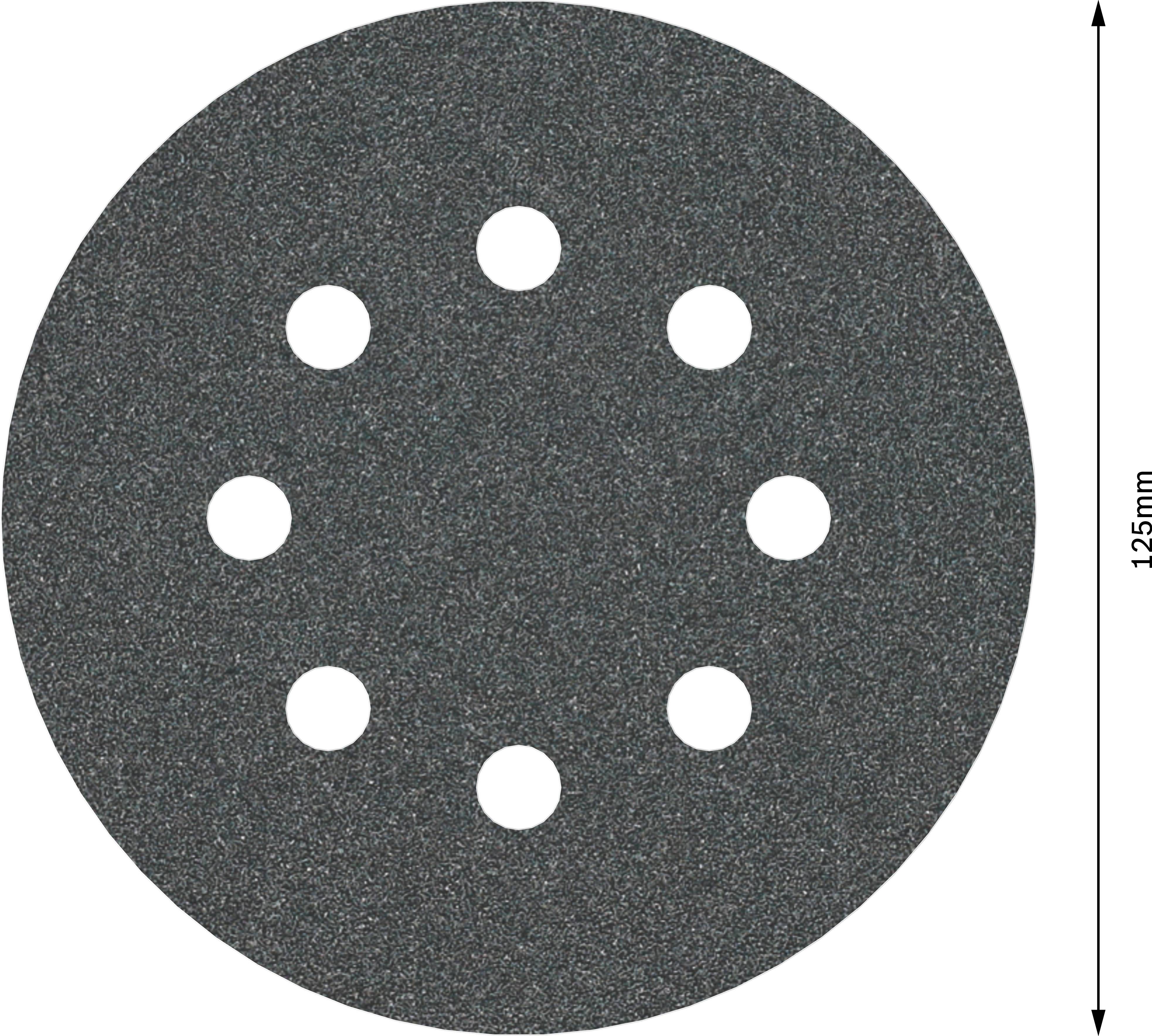 Disque de ponçage rond avec huit trous, diamètre 125 mm. Adapté aux ponceuses. Surface grise et granuleuse.