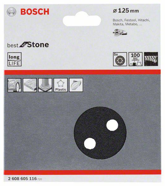 Une meule grise Bosch, adaptée pour la pierre, d'un diamètre de 125 mm. Compatible avec différentes marques.