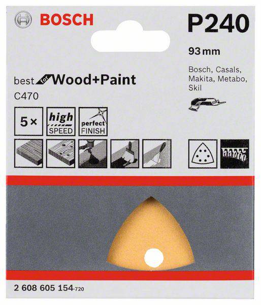 Feuille abrasive Delta avec bande auto-agrippante, perforé Bosch Accessories 2608605154 Grain 240 Cote d'encoignure 93 m-1
