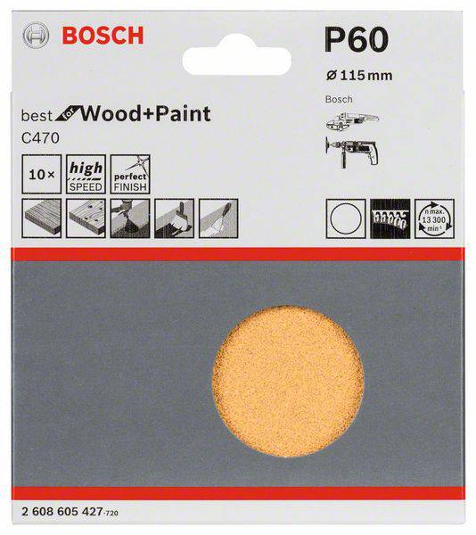 Emballage d'un disque à poncer Bosch. Convient pour les travaux sur bois et peinture, grain P60, diamètre 115 mm, lot de 10 pièces.