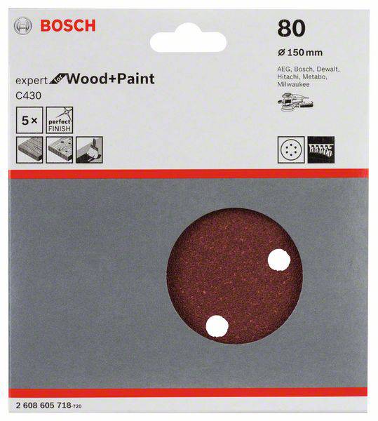 'Papier abrasif Bosch C430 pour bois et peinture, grain 80, 150 mm, parfait pour AEG, Bosch, DeWalt, Hitachi, Metabo, Milwaukee.'