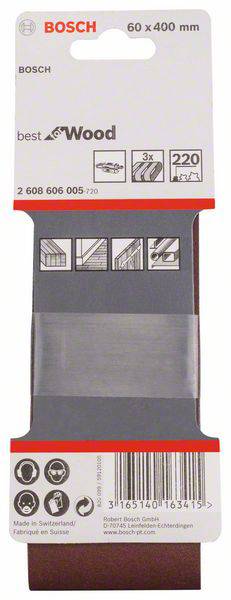 Une feuille abrasive Bosch, adaptée aux travaux sur bois, dimensions 60 x 400 mm. Elle présente des pictogrammes indiquant les domaines d'application et est 'Made in Switzerland'.
