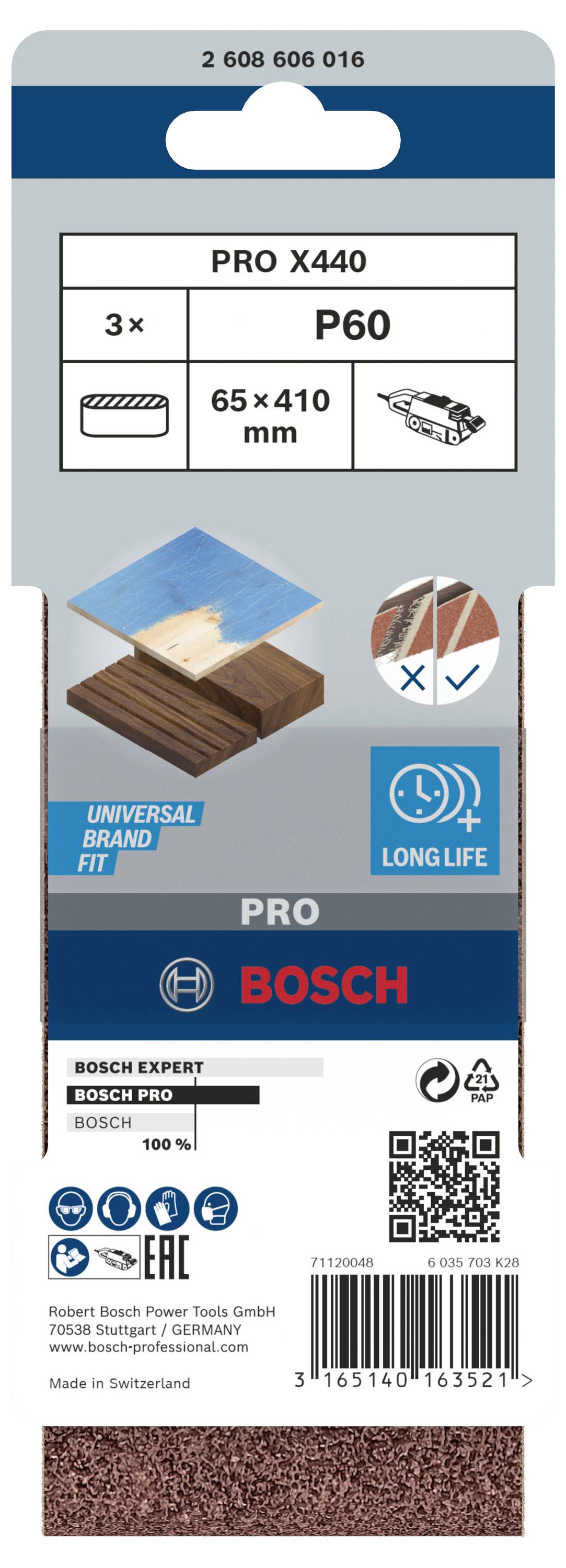 Emballage pour papier abrasif Bosch Pro X440, grain P60, 3 pièces, 65 x 410 mm, montre l'universalité, la durabilité et l'utilisation appropriée.