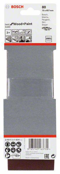 Un lot de papier de verre Bosch pour bois et peinture, grain 80, dimensions 75 x 457 mm. Contient des graphiques et du texte en plusieurs langues.