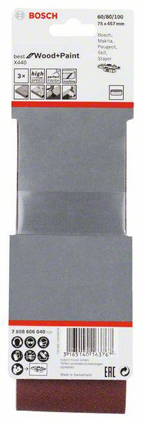 Lot de papier abrasif 'Bosch Wood+Paint', adapté pour le bois et la peinture. Grain : 60/80/100, Dimensions : 75 x 457 mm.