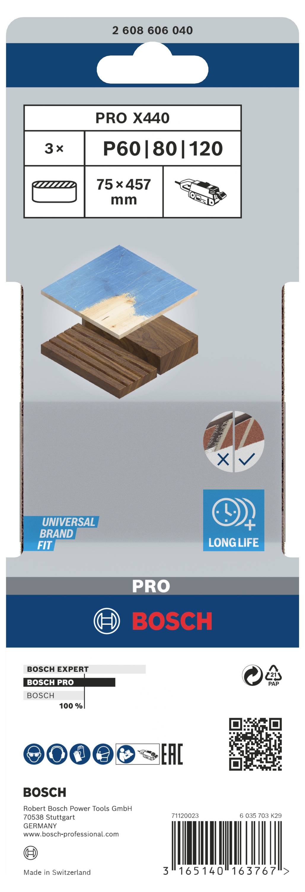 Lot de papier abrasif Bosch Pro X440 pour bois, 3 pièces : grains P60, P80, P120, dimensions 75 x 457 mm, adapté aux ponceuses vibrantes.