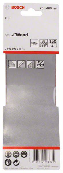 'Emballage de lames de scie Bosch pour le bois ; Dimensions : 75 x 480 mm ; adapté pour 3 applications ; contient 150 lames.'