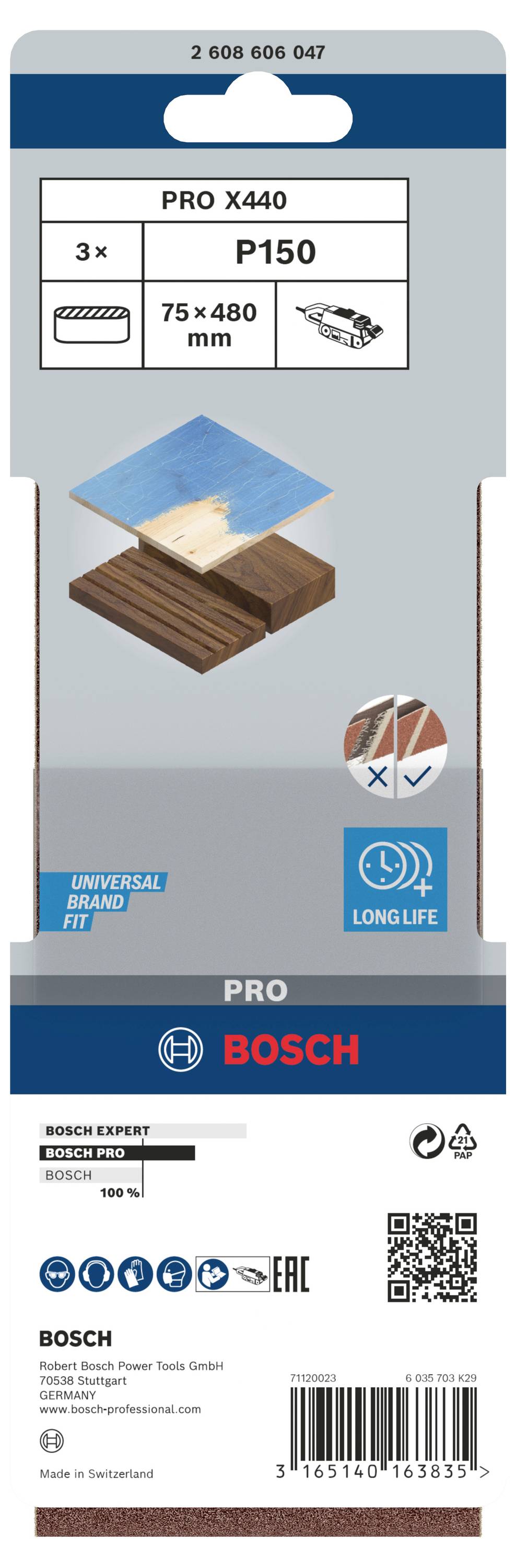 Bande abrasive Bosch P150, 75 x 480 mm, 3 pièces. Convient pour le bois, le métal, le plastique. Matériau durable, ajustement universel.
