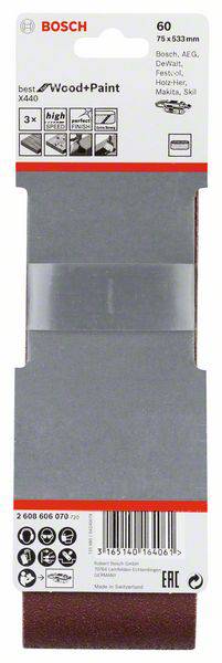 Bande abrasive 'Bosch', 75x533 mm, adaptée au bois et à la peinture. Contient 3 pièces, grain 60, haute résistance. Compatible avec diverses marques.