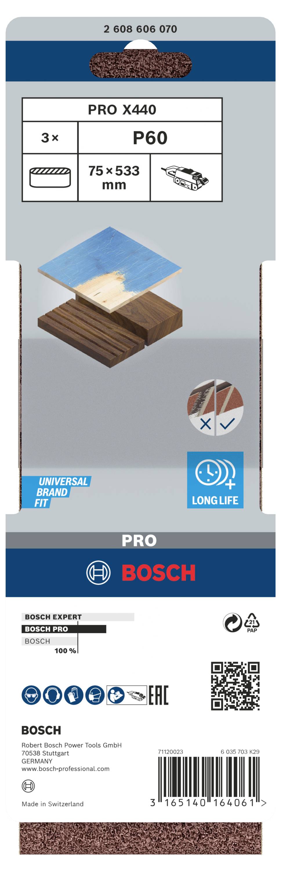 Emballage de bande abrasive : Bosch PRO X440, grain P60, taille 75 x 533 mm, adapté pour le travail du bois. Longue durée de vie mise en avant.