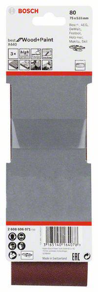 Emballage de papier de verre Bosch pour bois et peinture, grain 80, taille 75 x 533 mm, adapté à divers matériaux.
