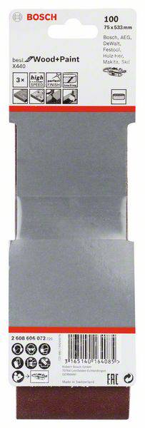 Papier de verre Bosch, grain 100, 75 x 533 mm, adapté au bois et à la peinture, compatible avec Bosch, AEG, Festool et Makita.