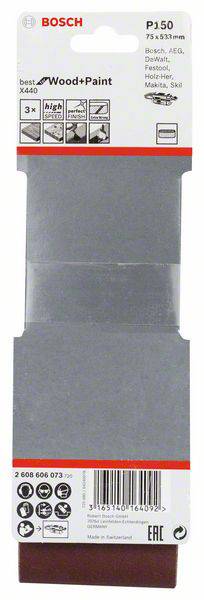Lot de feuilles abrasives Bosch, modèle P150, adapté au bois et à la peinture, dimensions 75 x 533 mm, contenant trois bandes de ponçage.