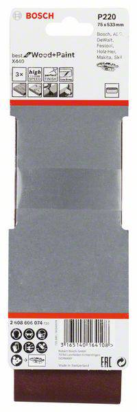 Lot de 3 feuilles de papier abrasif Bosch, adapté pour le bois et la peinture, grain P220, dimensions 75 x 533 mm.