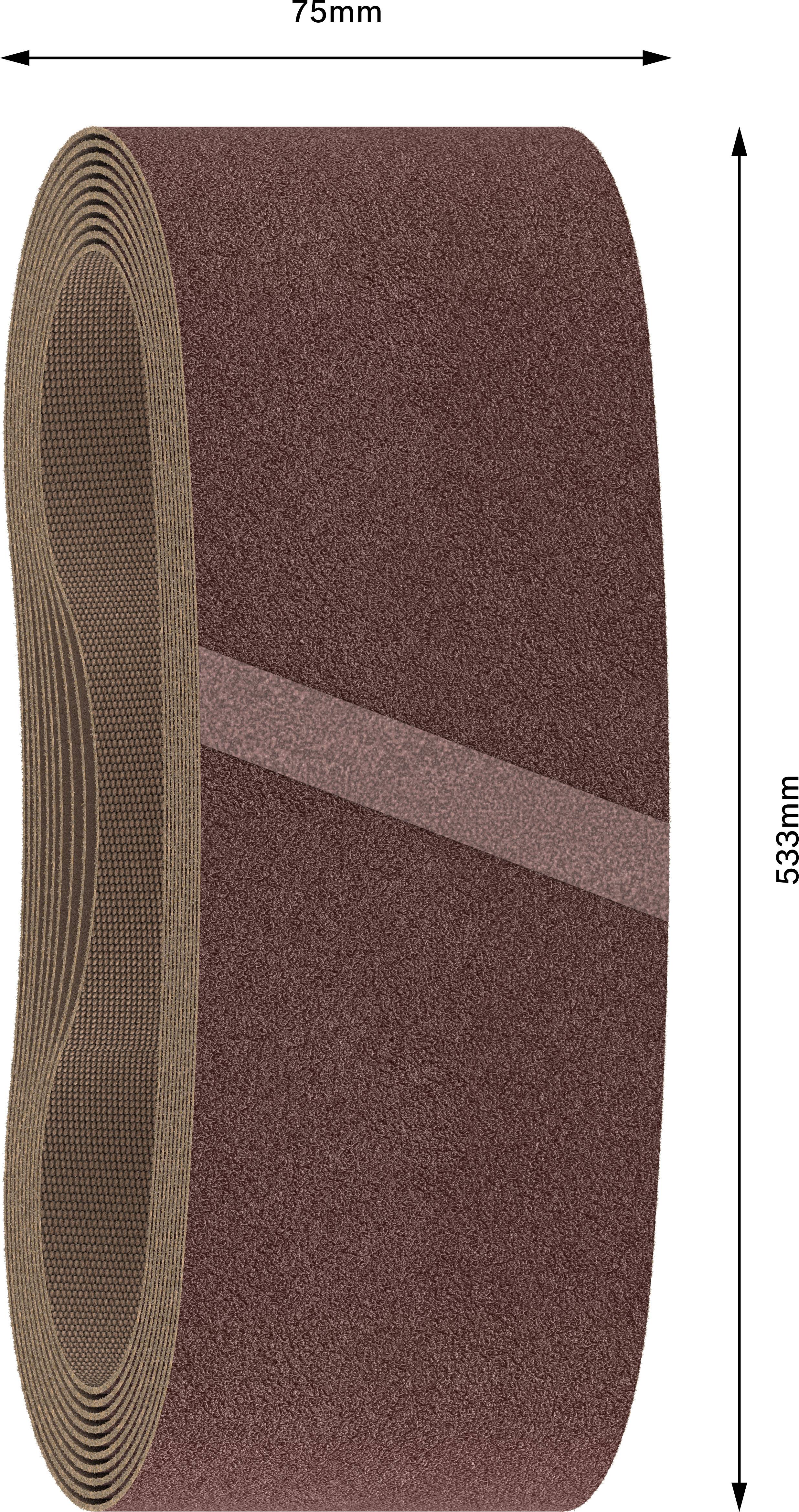 Bande abrasive, dimensions : 75 mm de large, 533 mm de long. Marron, à gros grain, présentée de profil. Convient pour le ponçage du bois ou du métal.
