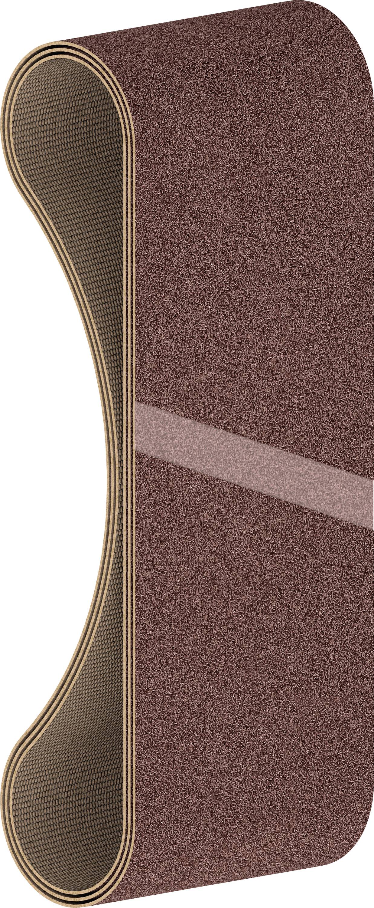 Bande abrasive brune, en forme de bande continue, matériau abrasif rugueux, conçue pour les machines à poncer destinées à travailler le bois ou le métal.