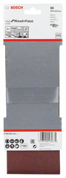 Bande abrasive Bosch pour bois et peinture, grain 80, dimensions 200 x 620 mm, lot de 3 pièces. L'emballage présente les instructions d'utilisation.