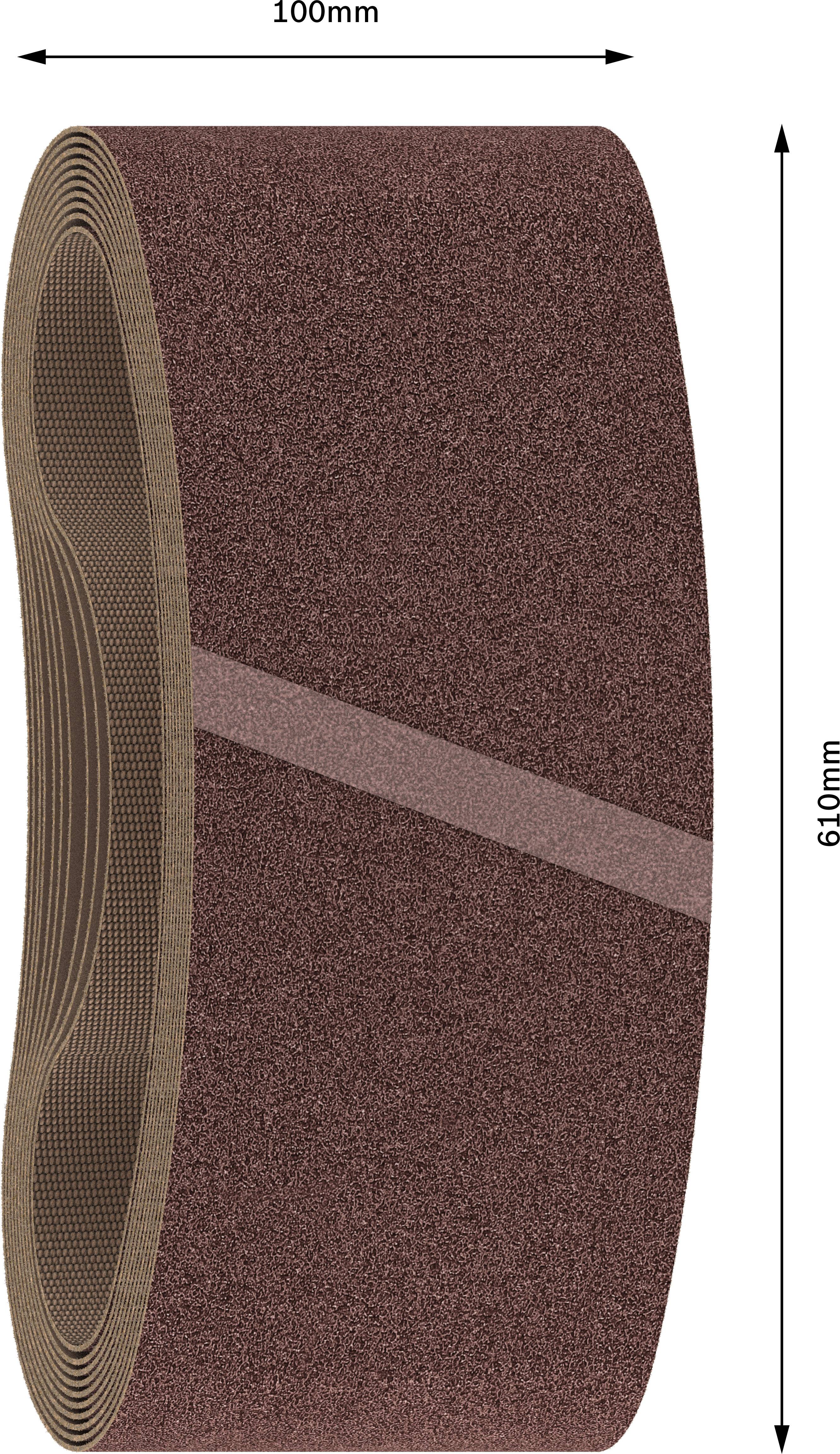 Un ruban abrasif marron de 100 mm de largeur et 610 mm de longueur. Il est utilisé pour les travaux de ponçage.