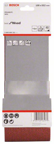 Bande abrasive 'Bosch' pour bois, dimensions 100 x 552 mm, grain 40, adaptée aux ponceuses Peugeot et Skil. Emballage à l'avant.