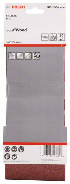 Bande abrasive Bosch, 100 x 552 mm, adaptée au bois, éléments d'identification de l'outil et pictogrammes d'applications visibles.
