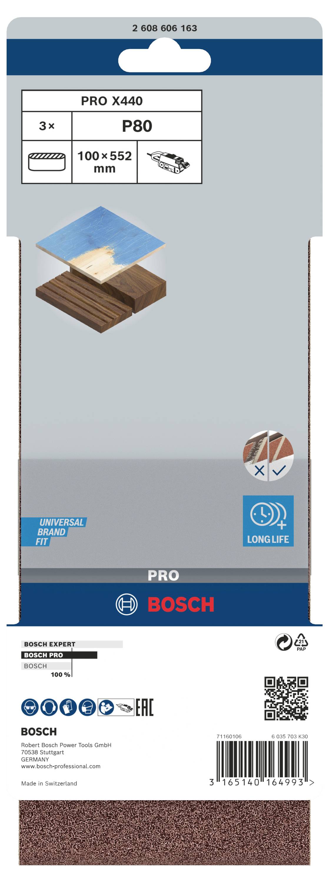 Emballage d'un papier abrasif de la marque Bosch, type Pro X440, grain P80, taille 100 x 552 mm, adapté au travail du bois.